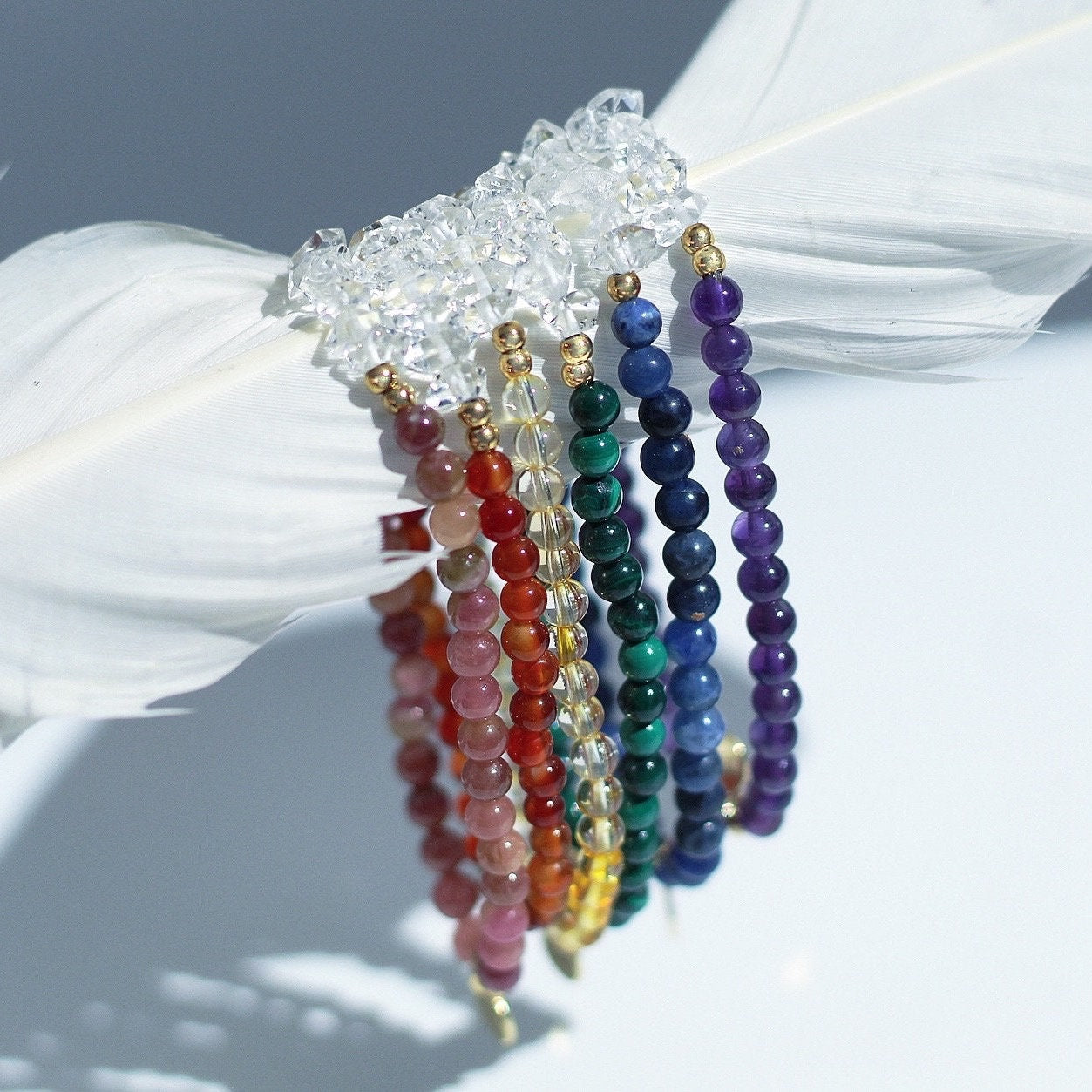 Dainty Customizable Gemstone and Crystal Quartz Stretchy Bracelet