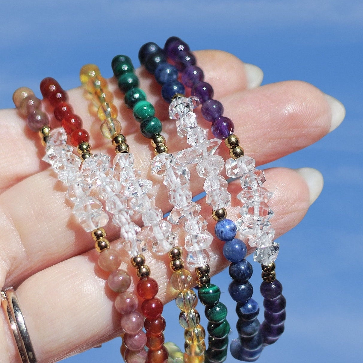 Dainty Customizable Gemstone and Crystal Quartz Stretchy Bracelet