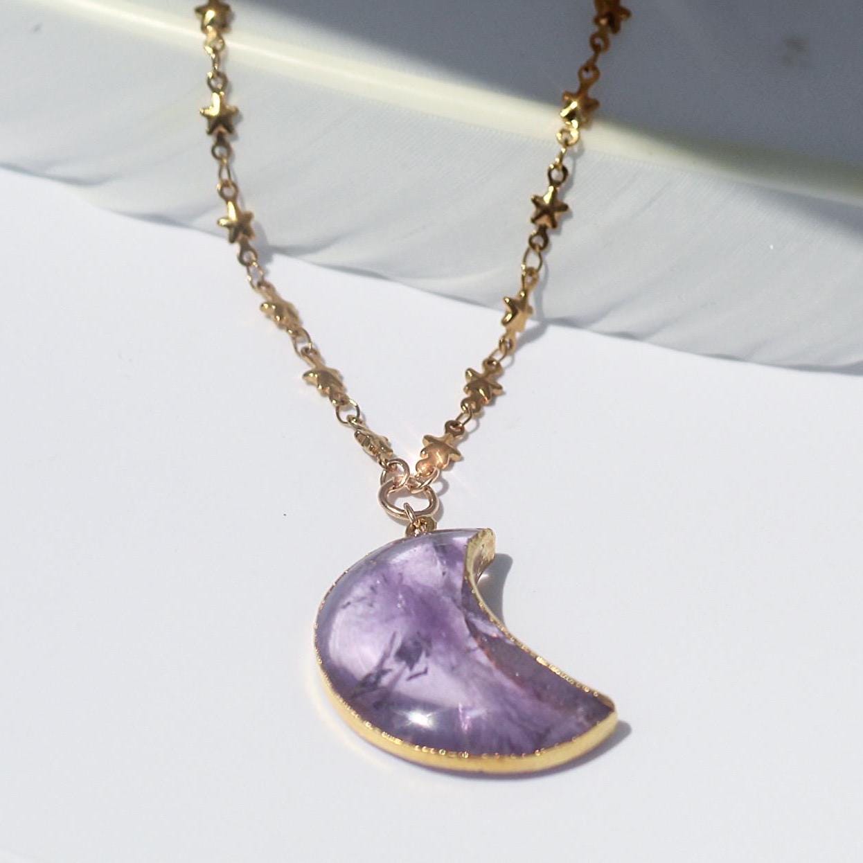 Amethyst Moon Necklace, Amethyst Moon Jewelry, Crescent Moon Necklace Large, Crescent Moon Pendant, Moon and Star Necklace, Moon Lover