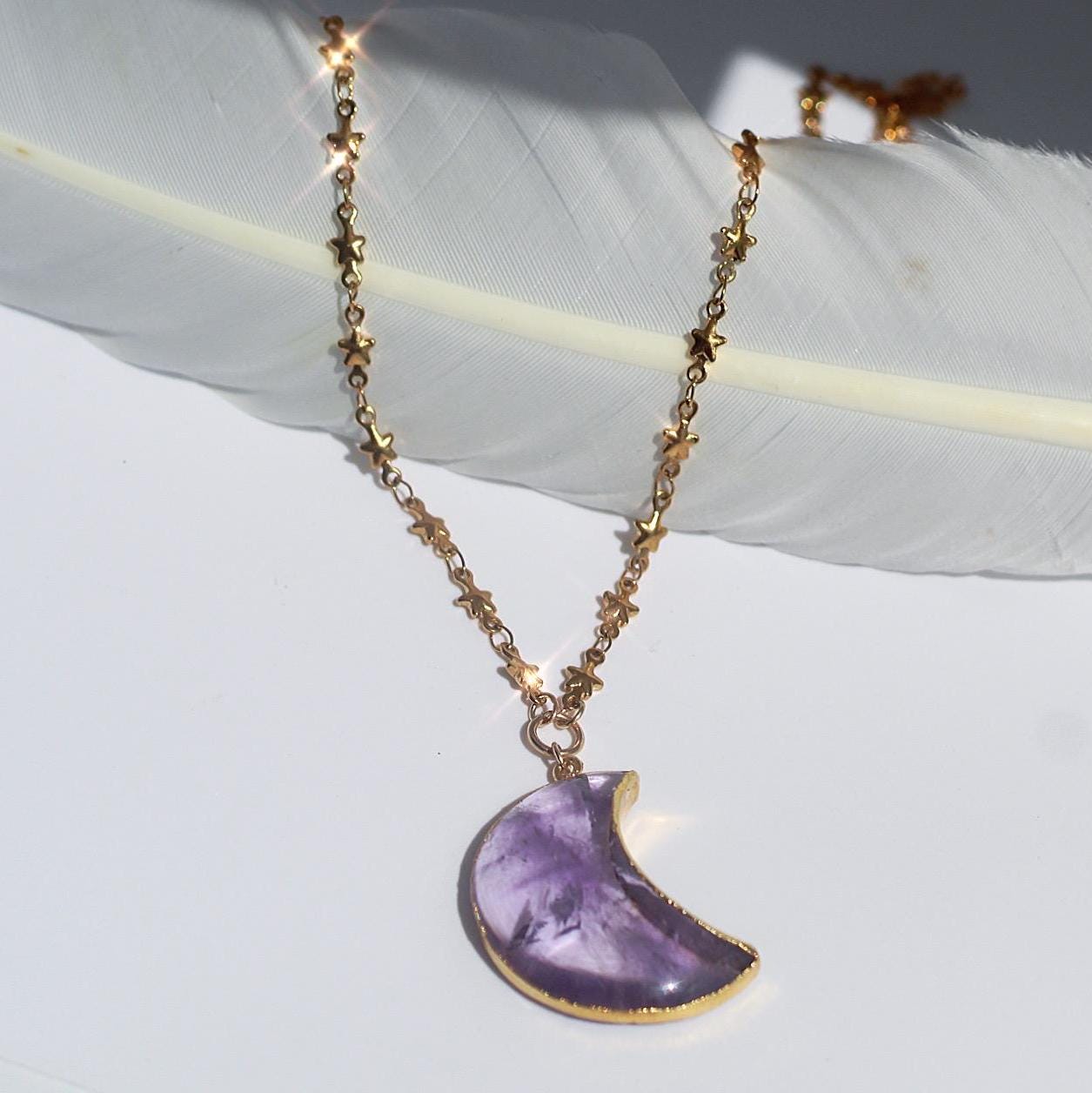 Amethyst Moon Necklace, Amethyst Moon Jewelry, Crescent Moon Necklace Large, Crescent Moon Pendant, Moon and Star Necklace, Moon Lover