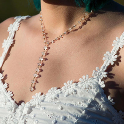 Herkimer Diamond Lariat Necklace, Boho Bridal Necklace, Deep V Necklace, Crystal Y Necklace, Rosary Chain Necklace, Boho Bride Jewelry