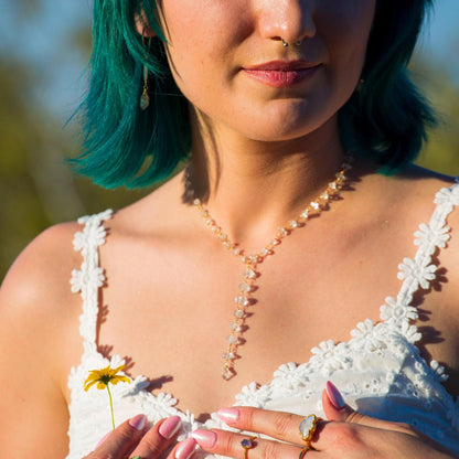 Herkimer Diamond Lariat Necklace, Boho Bridal Necklace, Deep V Necklace, Crystal Y Necklace, Rosary Chain Necklace, Boho Bride Jewelry