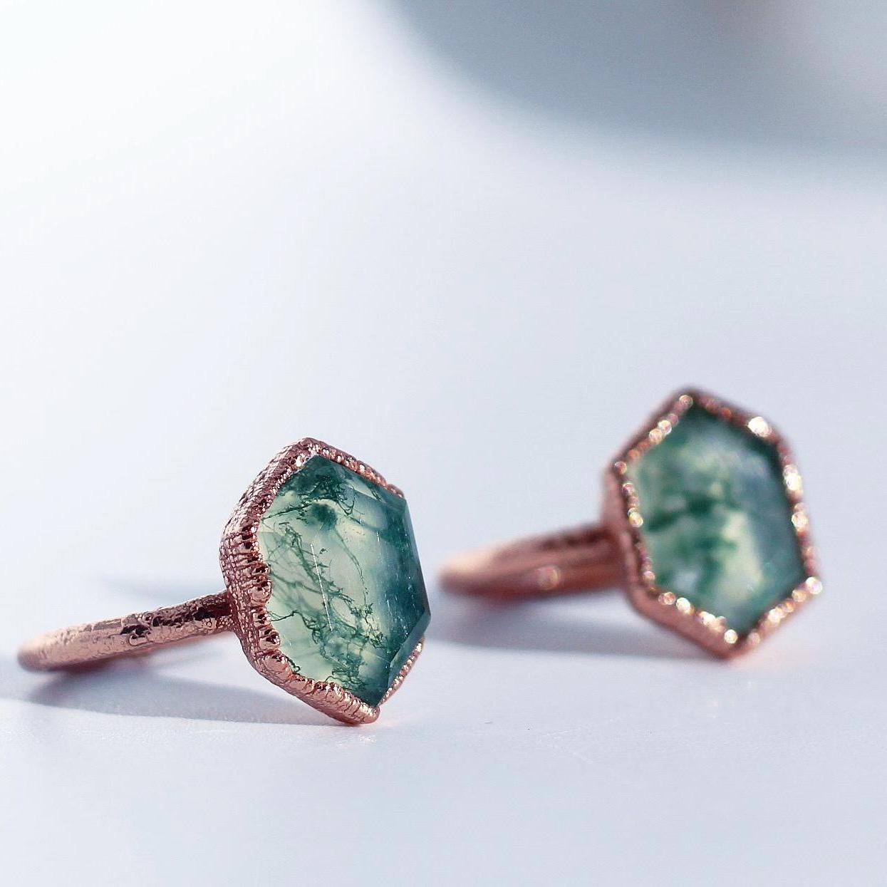 Moss Agate Ring, Alternative Engagement Ring, Boho Engagement Rings, Stone Rings for Women, Moss Agate Ring Copper, Rustic Engagement Ring