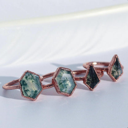 Moss Agate Ring, Alternative Engagement Ring, Boho Engagement Rings, Stone Rings for Women, Moss Agate Ring Copper, Rustic Engagement Ring