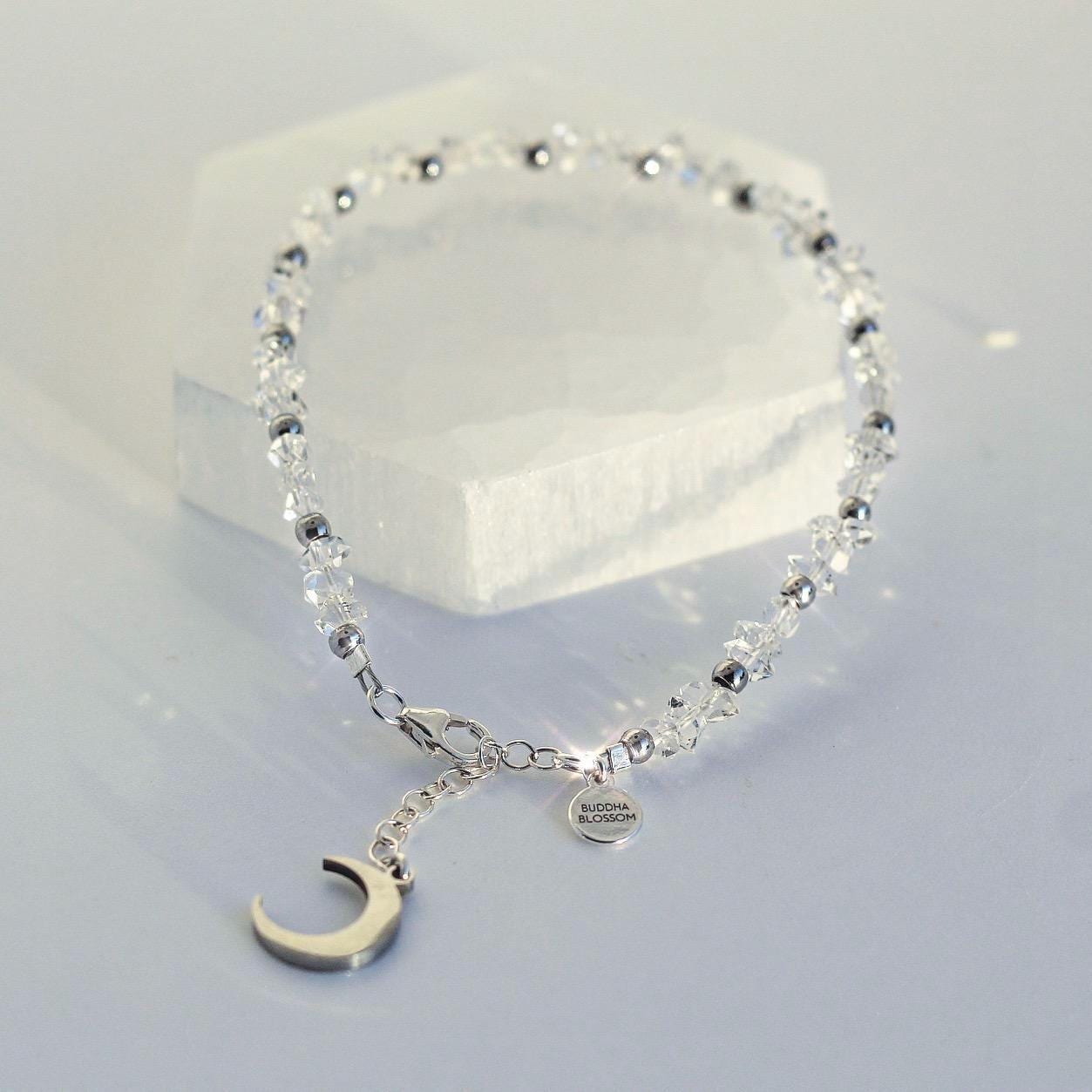 Herkimer Diamond Bracelet, Raw Diamond Bracelet, Raw Herkimer Diamond Bracelet, Gold Moon Bracelet, Half Moon Bracelet, Moon Charm Bracelet