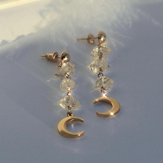 Herkimer Diamond Moon Earrings, Celestial Earrings, Crystal Drop Earrings, Crescent Moon Earrings, Crystal Gift for Her, Moon Dangle Earring