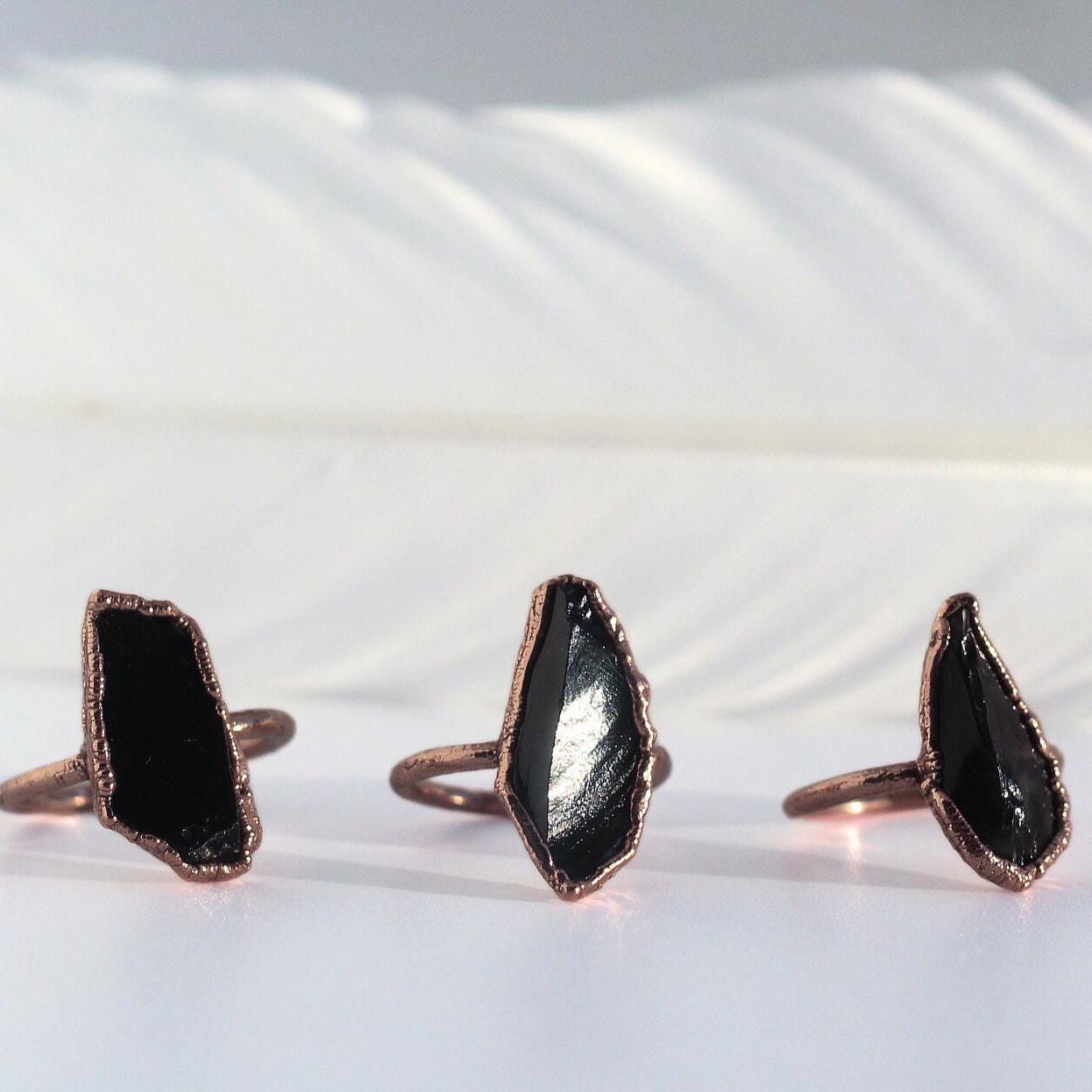 Raw Obsidian Statement Ring, Large Obsidian Ring, Obsidian and Copper Ring, Rough Obsidian Ring, Black Obsidian Stone Ring