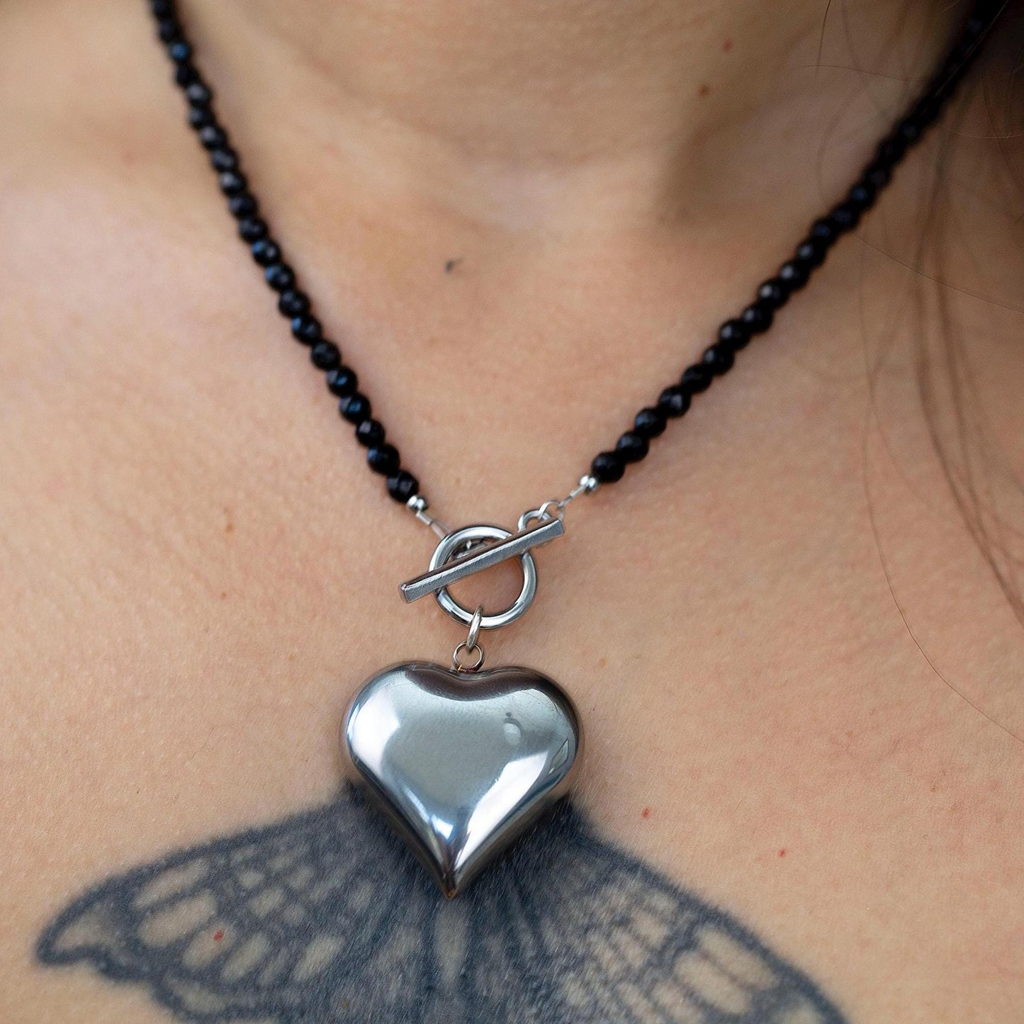 Toggle Style Heart Necklace, Gold Heart Charm Necklace, Black Bead Necklace, Big Heart Necklace, Big Silver Heart Necklace, Big Heart Choker