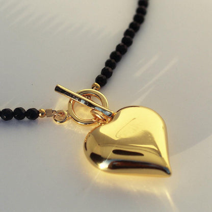 Toggle Style Heart Necklace, Gold Heart Charm Necklace, Black Bead Necklace, Big Heart Necklace, Big Silver Heart Necklace, Big Heart Choker