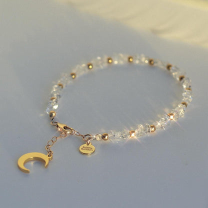 Herkimer Diamond Bracelet, Raw Diamond Bracelet, Raw Herkimer Diamond Bracelet, Gold Moon Bracelet, Half Moon Bracelet, Moon Charm Bracelet