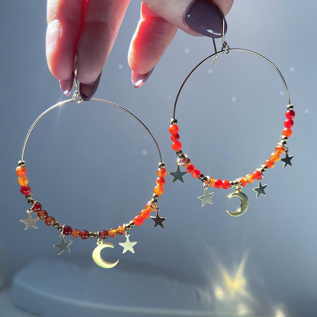 Crystal Bead Boho Hoops, Moon and Star Boho Hoops, Celestial Hoop Earrings, Big Beaded Hoop Earrings, Charm Hoop Earrings, Star Charm Hoops