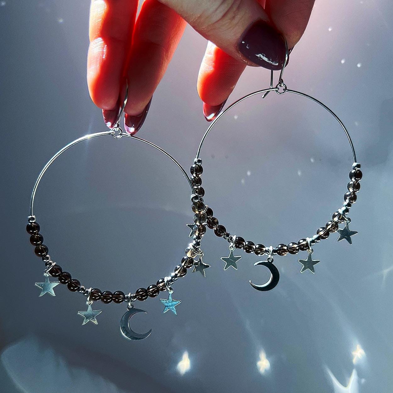 Crystal Bead Boho Hoops, Moon and Star Boho Hoops, Celestial Hoop Earrings, Big Beaded Hoop Earrings, Charm Hoop Earrings, Star Charm Hoops