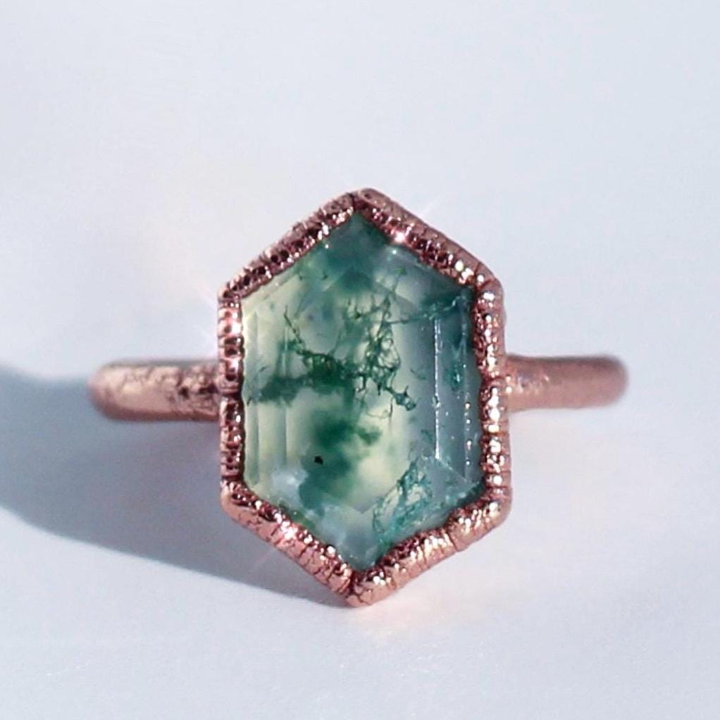 Moss Agate Ring, Alternative Engagement Ring, Boho Engagement Rings, Stone Rings for Women, Moss Agate Ring Copper, Rustic Engagement Ring