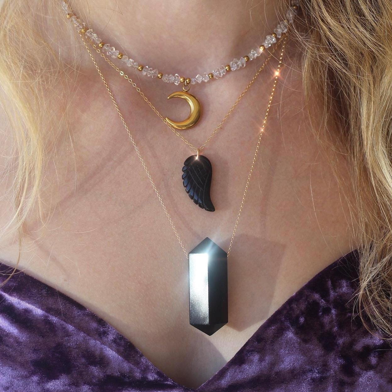 Black Onyx Angel Wing Necklace, Black Wing Necklace, Wing Pendant Women, Dark Angel Wing Necklace, Root Chakra Stone, Black Crystal Jewelry