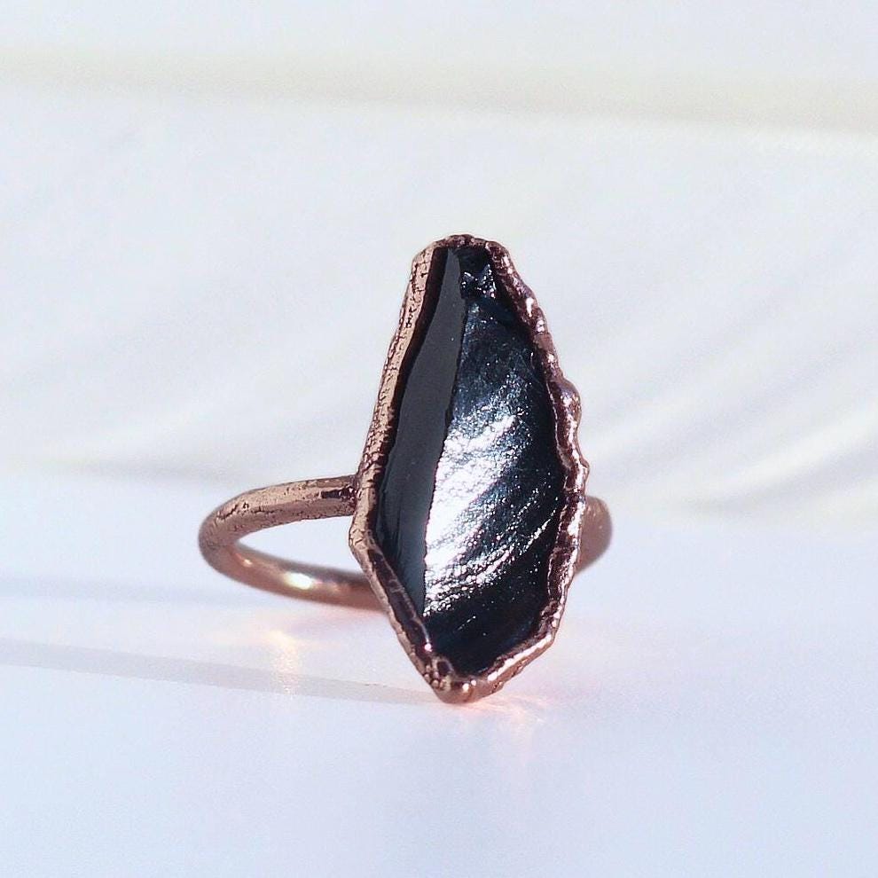 Raw Obsidian Statement Ring, Large Obsidian Ring, Obsidian and Copper Ring, Rough Obsidian Ring, Black Obsidian Stone Ring