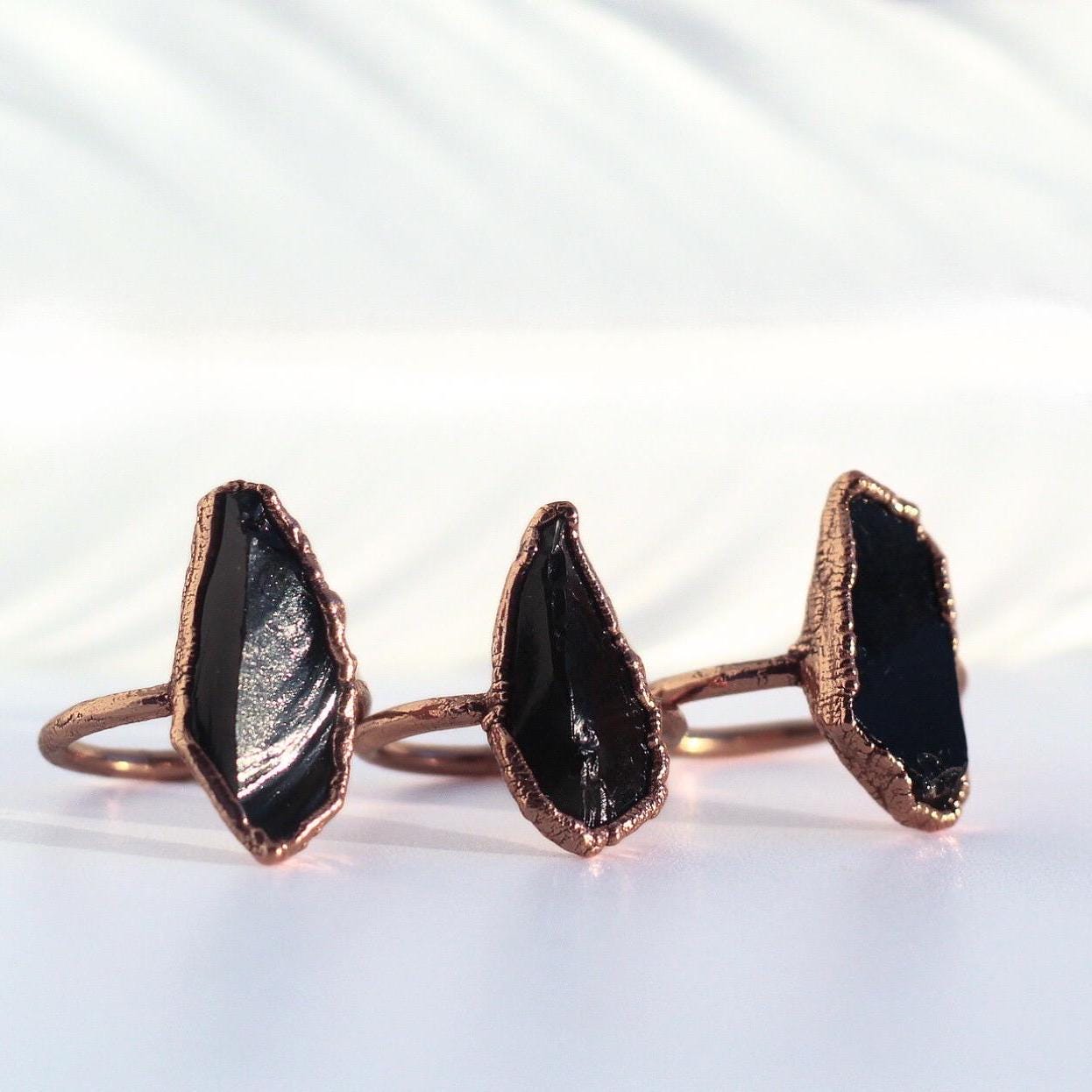 Raw Obsidian Statement Ring, Large Obsidian Ring, Obsidian and Copper Ring, Rough Obsidian Ring, Black Obsidian Stone Ring