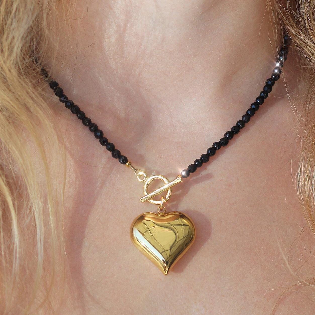 Toggle Style Heart Necklace, Gold Heart Charm Necklace, Black Bead Necklace, Big Heart Necklace, Big Silver Heart Necklace, Big Heart Choker