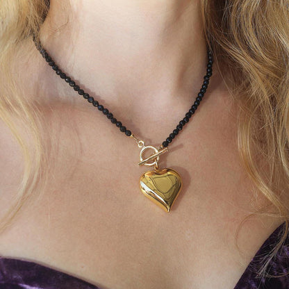 Toggle Style Heart Necklace, Gold Heart Charm Necklace, Black Bead Necklace, Big Heart Necklace, Big Silver Heart Necklace, Big Heart Choker