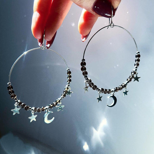 Crystal Bead Boho Hoops, Moon and Star Boho Hoops, Celestial Hoop Earrings, Big Beaded Hoop Earrings, Charm Hoop Earrings, Star Charm Hoops