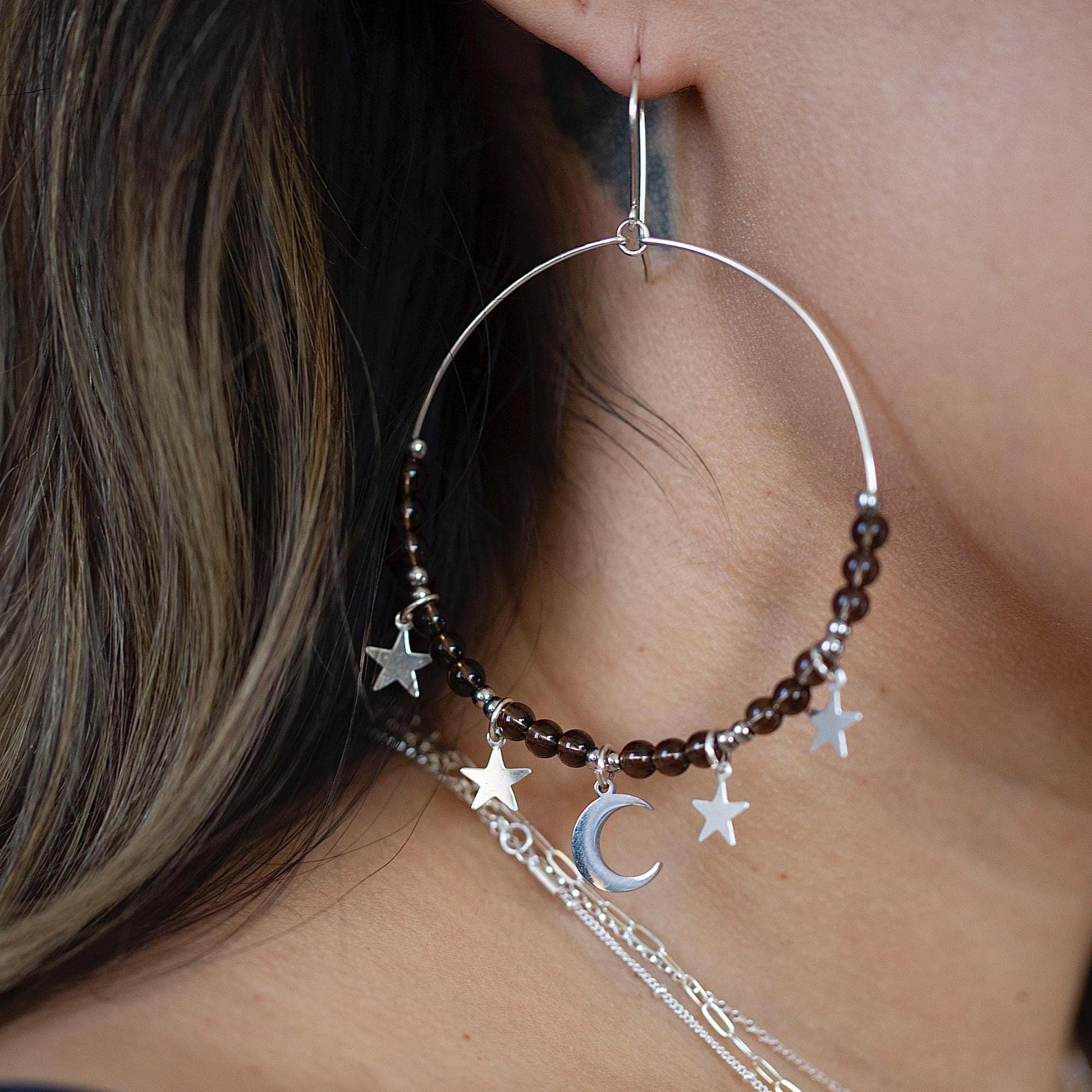 Crystal Bead Boho Hoops, Moon and Star Boho Hoops, Celestial Hoop Earrings, Big Beaded Hoop Earrings, Charm Hoop Earrings, Star Charm Hoops