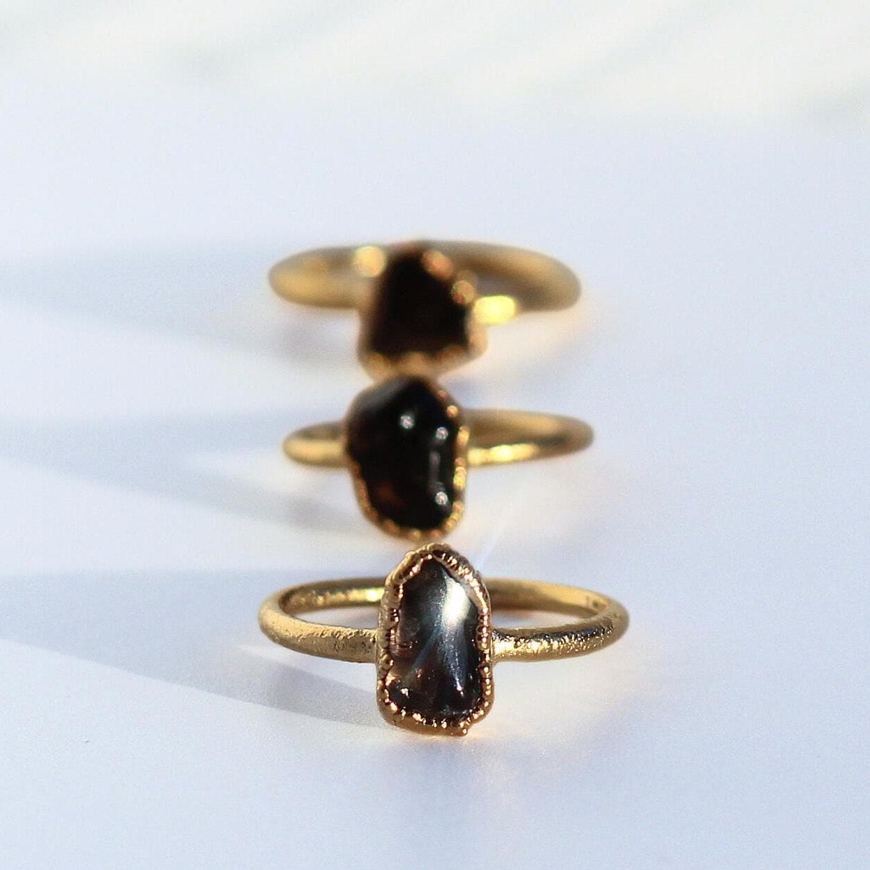 Gold Smoky Quartz Ring, Gold Electroformed Stone Ring, 14k Gold Raw Smoky Quartz Ring, Black Raw Stone Ring, Dark Crystal Ring Gold