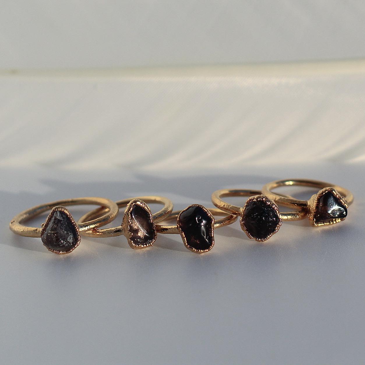 Gold Smoky Quartz Ring, Gold Electroformed Stone Ring, 14k Gold Raw Smoky Quartz Ring, Black Raw Stone Ring, Dark Crystal Ring Gold