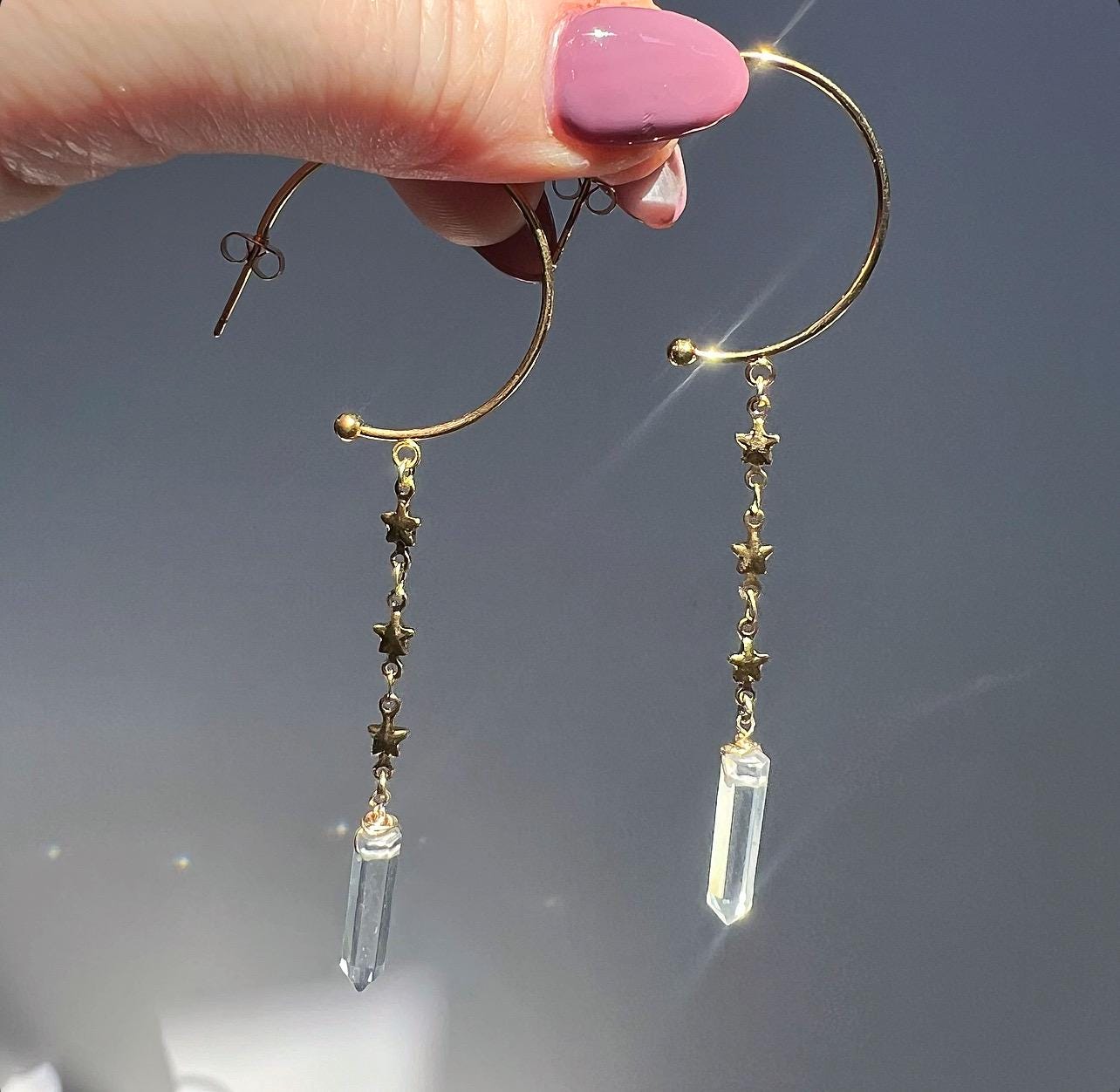 Crystal Dangle Hoops, Long Crystal Point Earrings, Hoop Earrings with Crystals, Duster Style Crystal Earrings, Dangling Crystal Earrings