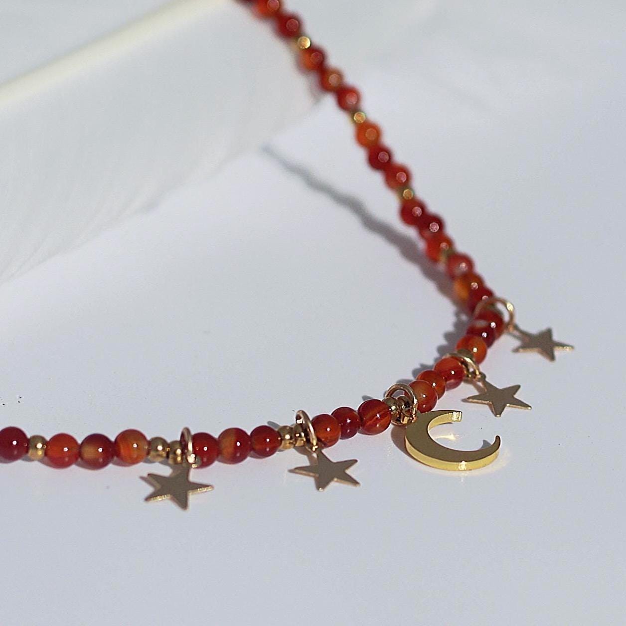 Star and Moon Necklace, Beaded Chokers, Beaded Jewelry, Moon and Stars Choker, Gemstone Star Choker, Moon and Stars Crystal Necklace