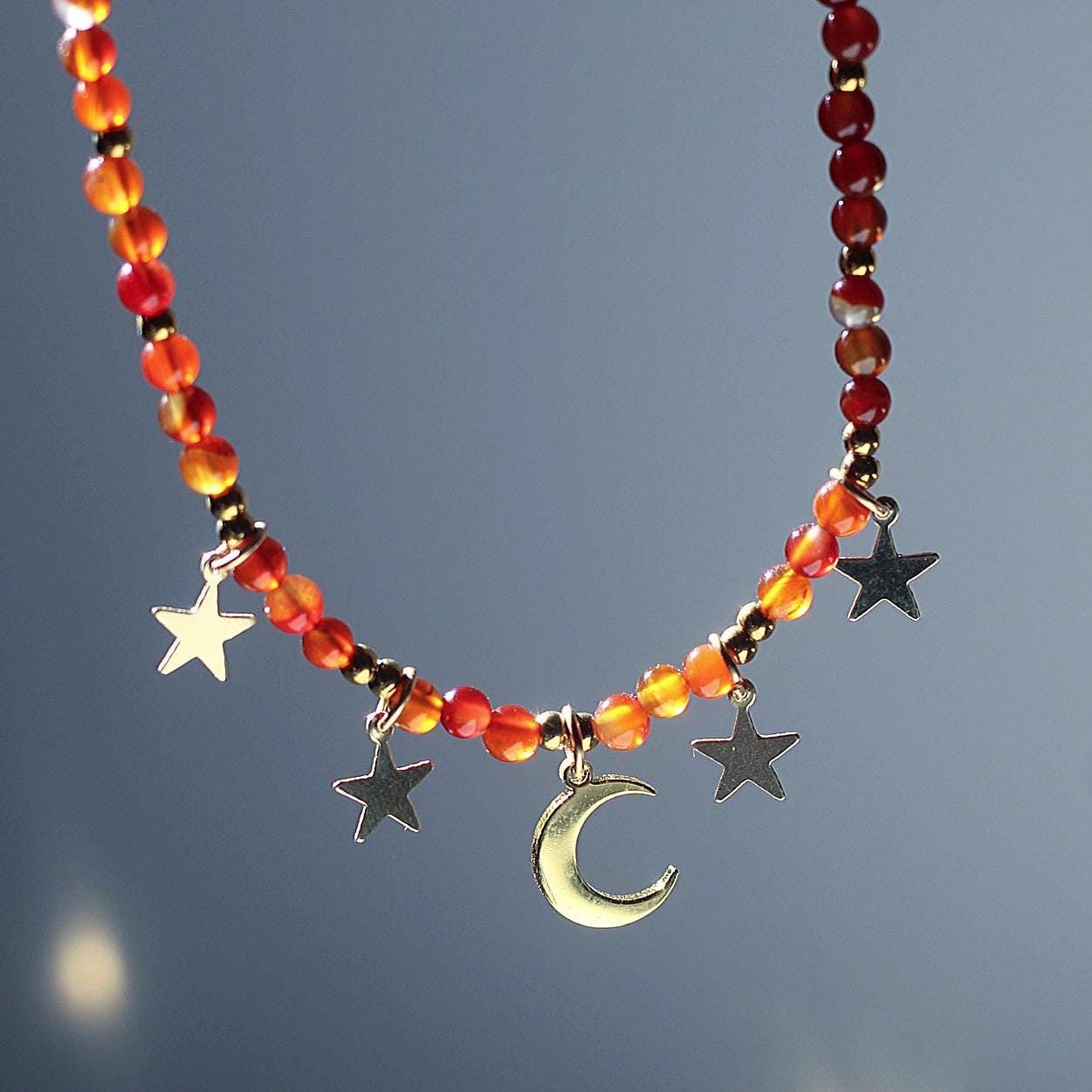 Star and Moon Necklace, Beaded Chokers, Beaded Jewelry, Moon and Stars Choker, Gemstone Star Choker, Moon and Stars Crystal Necklace