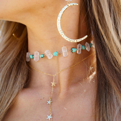 Raw Turquoise and Crystal Quartz Choker Necklace, Turquoise Boho Choker, Crystal Boho Choker Necklace, Arizona Turquoise Necklace