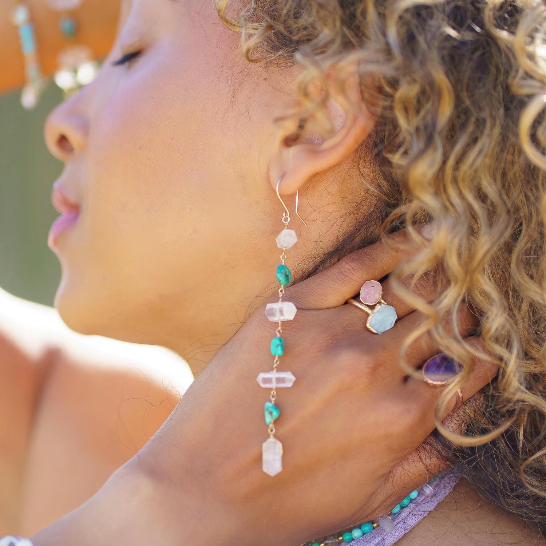 Turquoise Dangle Earrings, Boho Style Earrings, Crystal Boho Dangle Earrings, Turquoise and Crystal Quartz Earrings, Boho Bead Earrings