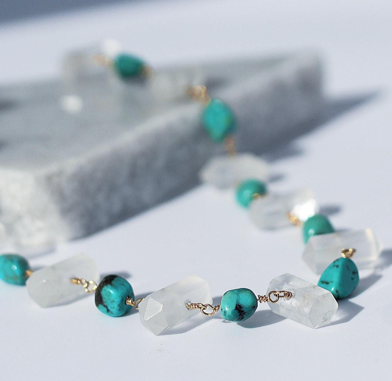 Raw Turquoise and Crystal Quartz Choker Necklace, Turquoise Boho Choker, Crystal Boho Choker Necklace, Arizona Turquoise Necklace