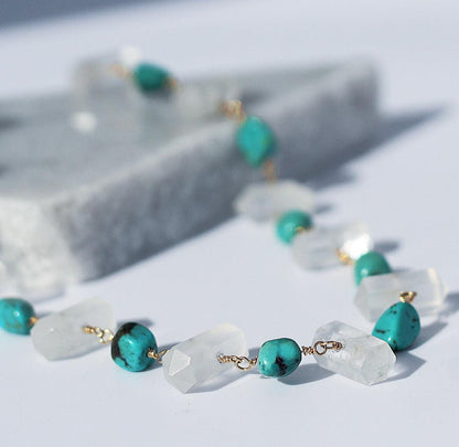 Raw Turquoise and Crystal Quartz Choker Necklace, Turquoise Boho Choker, Crystal Boho Choker Necklace, Arizona Turquoise Necklace