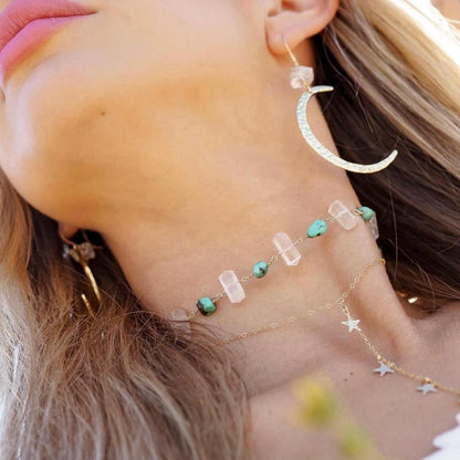 Raw Turquoise and Crystal Quartz Choker Necklace, Turquoise Boho Choker, Crystal Boho Choker Necklace, Arizona Turquoise Necklace
