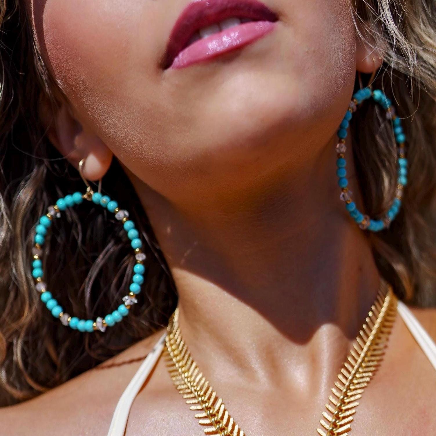 Beaded Boho Hoop Earrings, Boho Style Hoops, Big Turquoise Hoop Earrings, Hippie Style Hoop Earrings, Bohemian Hoop Earrings, Gemstone Hoops