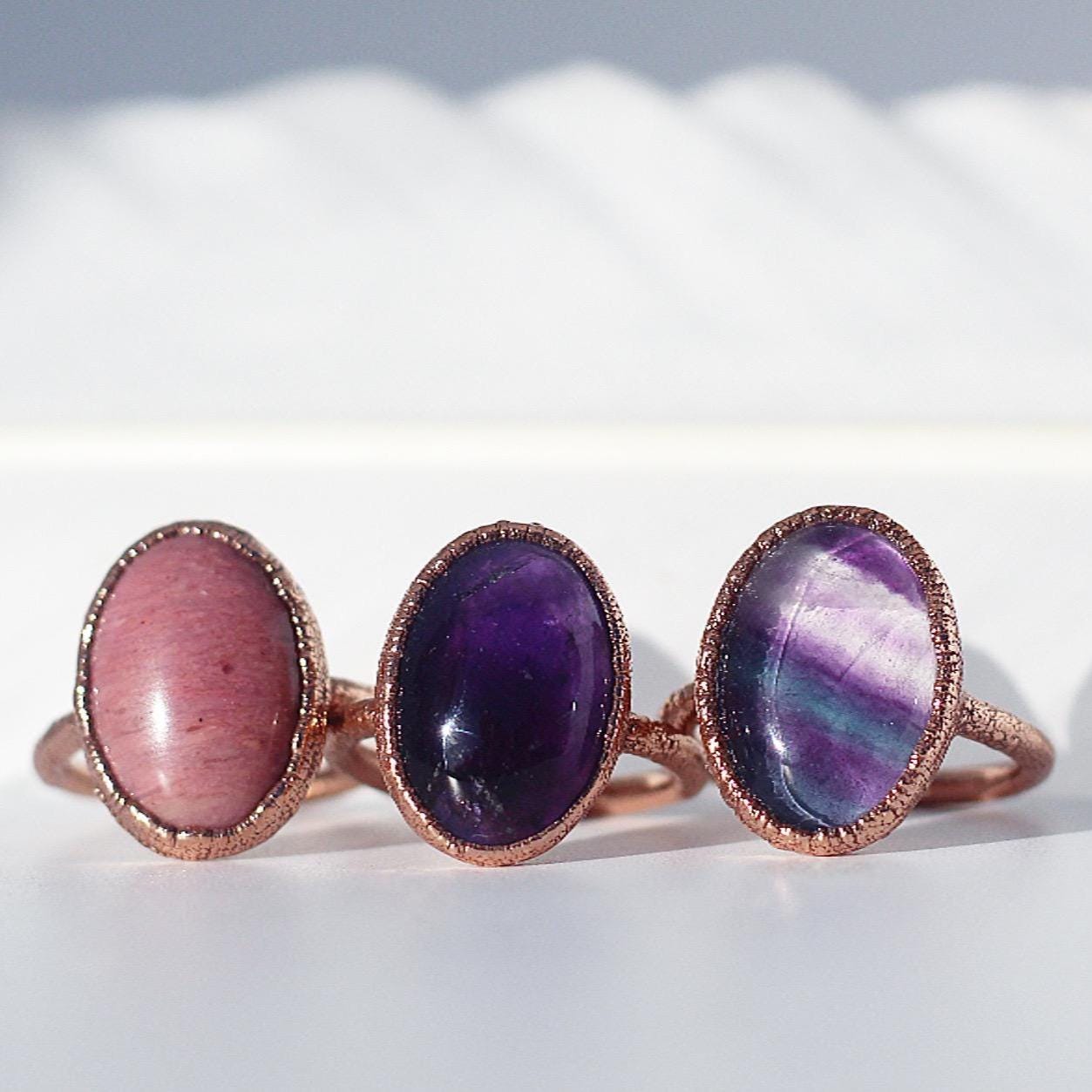 Rhodonite Oval Ring, Real Rhodonite Ring, Natural Rhodonite Jewelry, Rhodonite and Copper Ring, Big Pink Stone Ring, Love Stone Ring