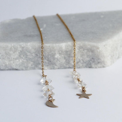 Moon and Star Threader Earrings, Dainty Celestial Earrings, Delicate Star Earrings Gold, Herkimer Diamond Threaders, Lightweight Earrings