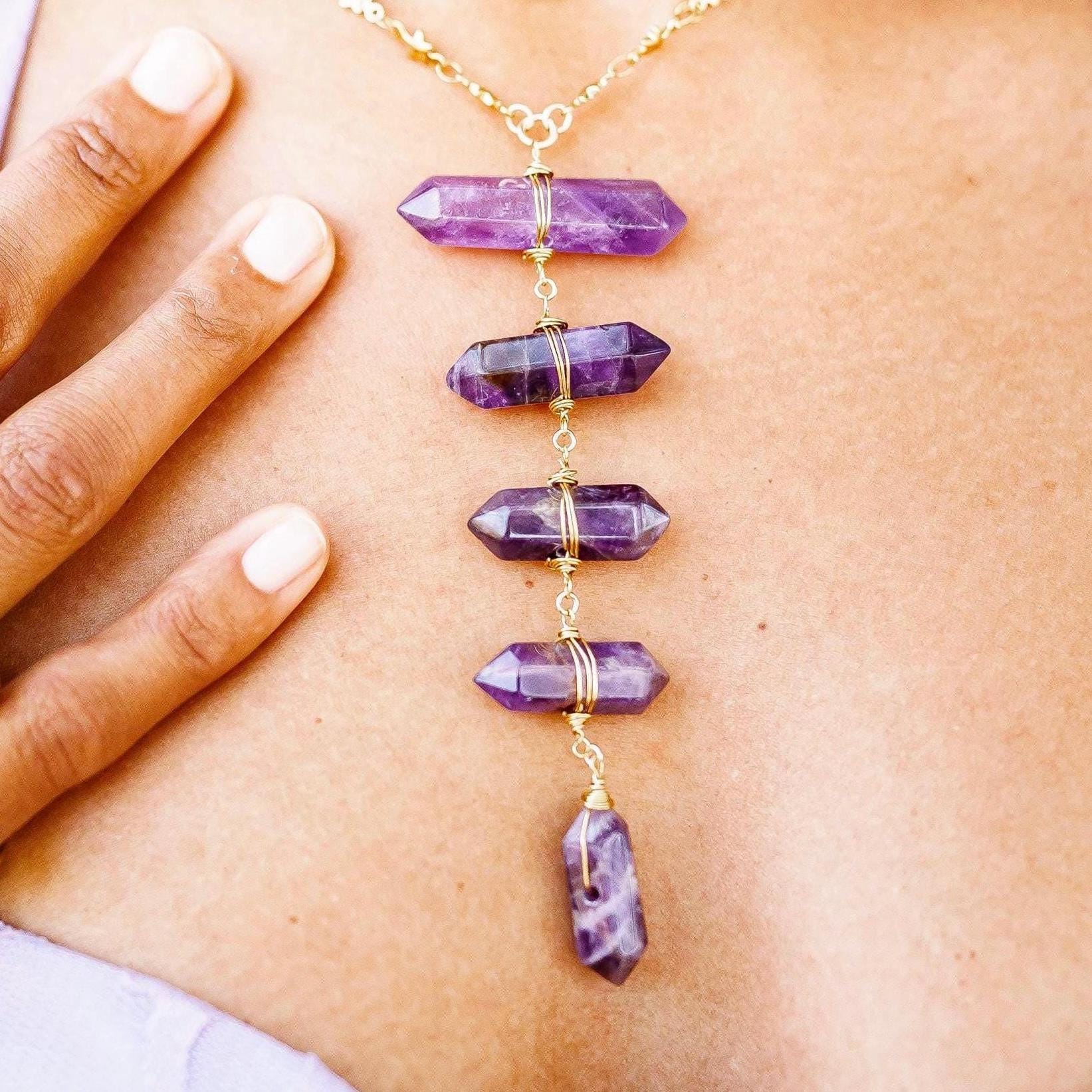 Amethyst Lariat Necklace, Amethyst Statement Necklace, Large  Amethyst Necklace, Festival Necklace, Crystal Statement Jewelry, Boho Style