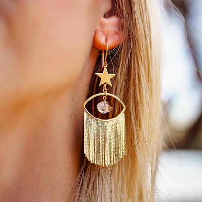 Evil Eye Statement Earrings, Gold Fringe Earrings, Gold Boho Earrings, Herkimer Diamond Earrings, Starry Eye Earrings, Star Dangle Earrings