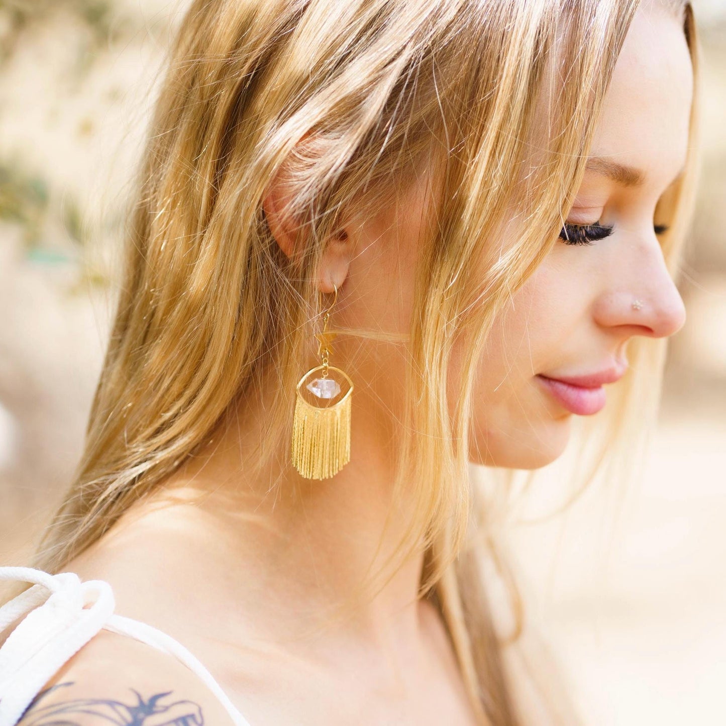 Evil Eye Statement Earrings, Gold Fringe Earrings, Gold Boho Earrings, Herkimer Diamond Earrings, Starry Eye Earrings, Star Dangle Earrings