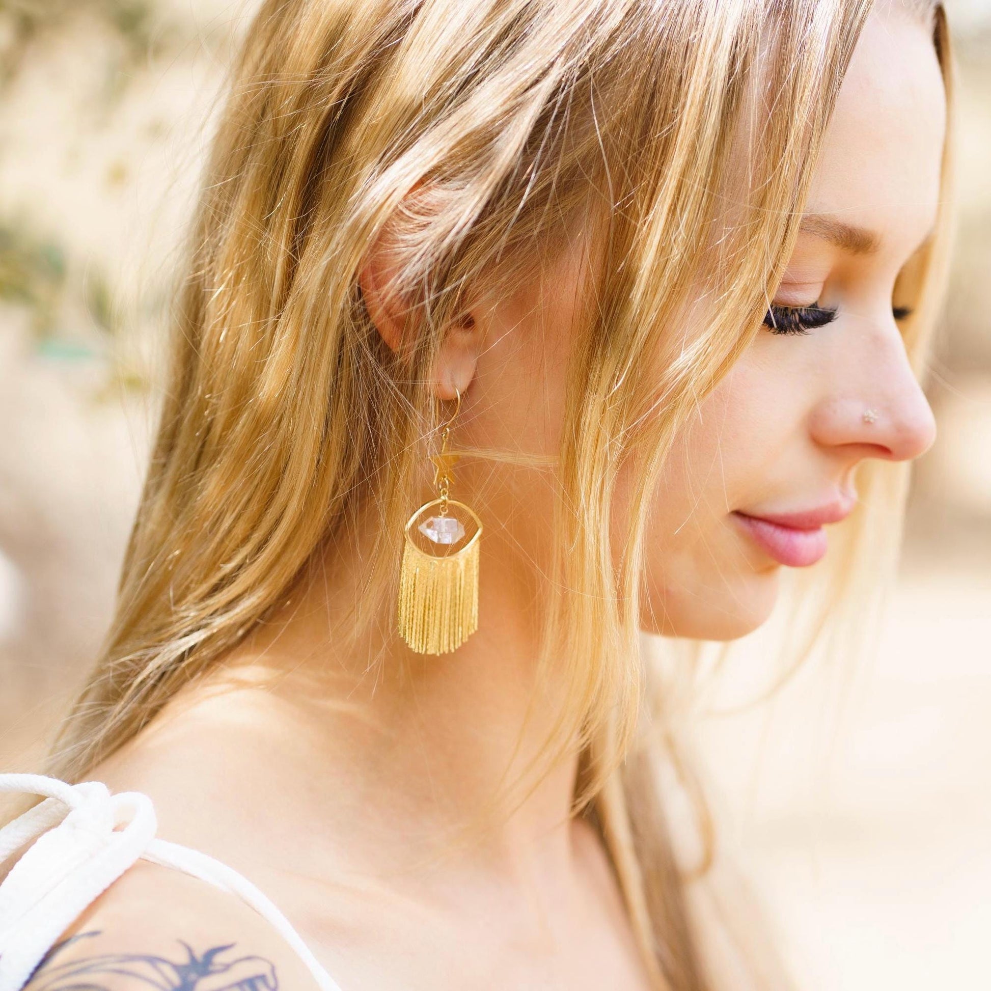 Evil Eye Statement Earrings, Gold Fringe Earrings, Gold Boho Earrings, Herkimer Diamond Earrings, Starry Eye Earrings, Star Dangle Earrings