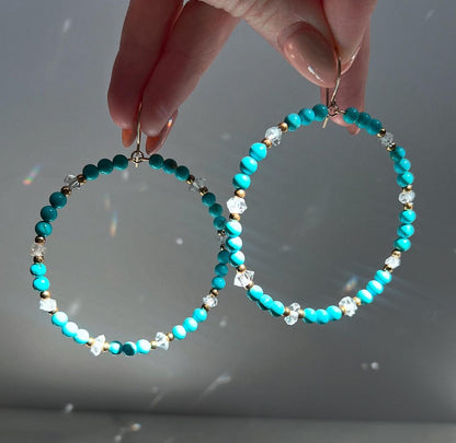 Beaded Boho Hoop Earrings, Boho Style Hoops, Big Turquoise Hoop Earrings, Hippie Style Hoop Earrings, Bohemian Hoop Earrings, Gemstone Hoops