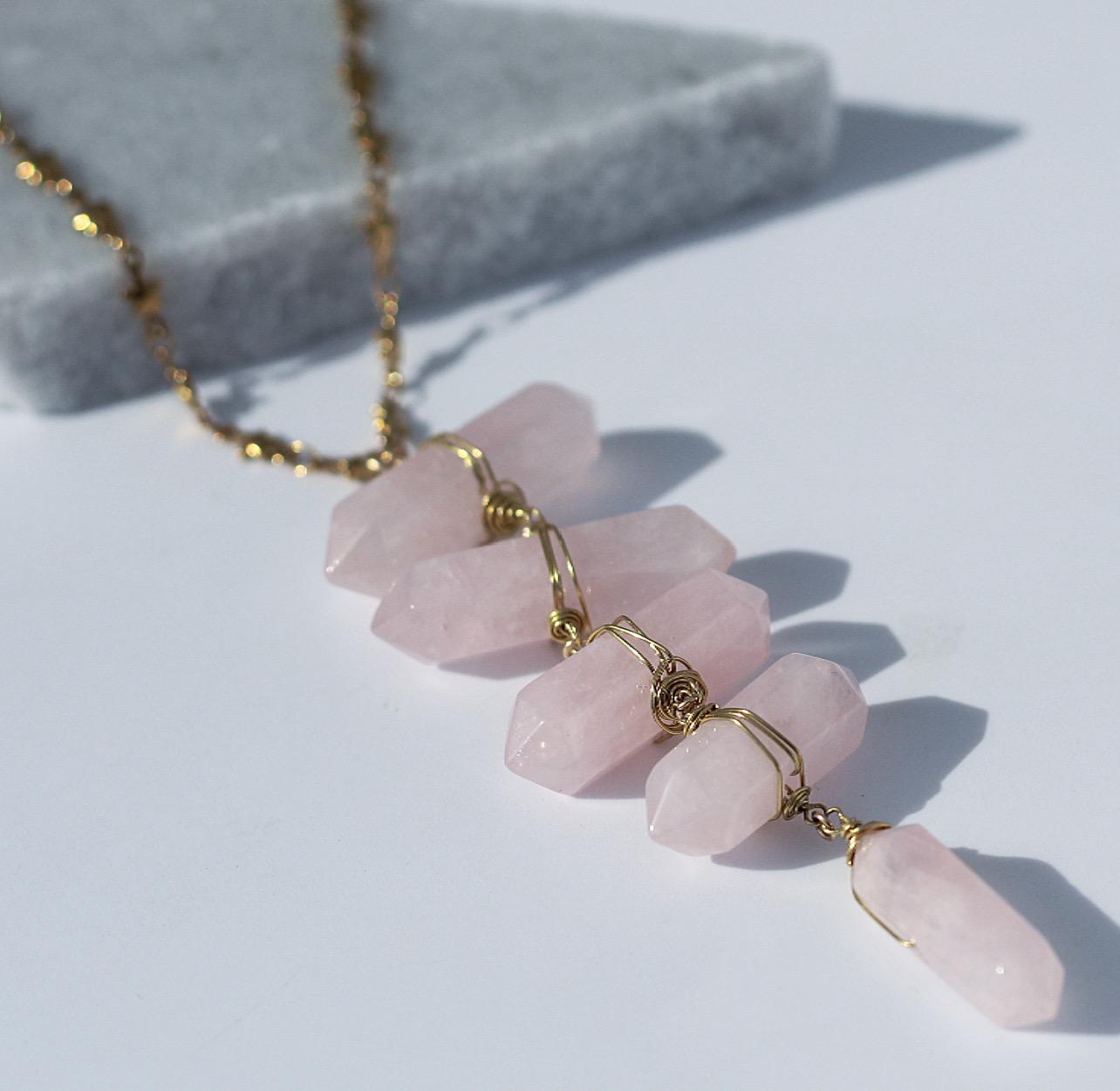 Rose Quartz Statement Necklace, Rose Quartz Ladder Necklace, Heart Chakra Necklace, Heart Chakra Jewelry, Boho Crystal Jewelry