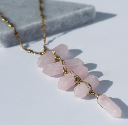Rose Quartz Statement Necklace, Rose Quartz Ladder Necklace, Heart Chakra Necklace, Heart Chakra Jewelry, Boho Crystal Jewelry