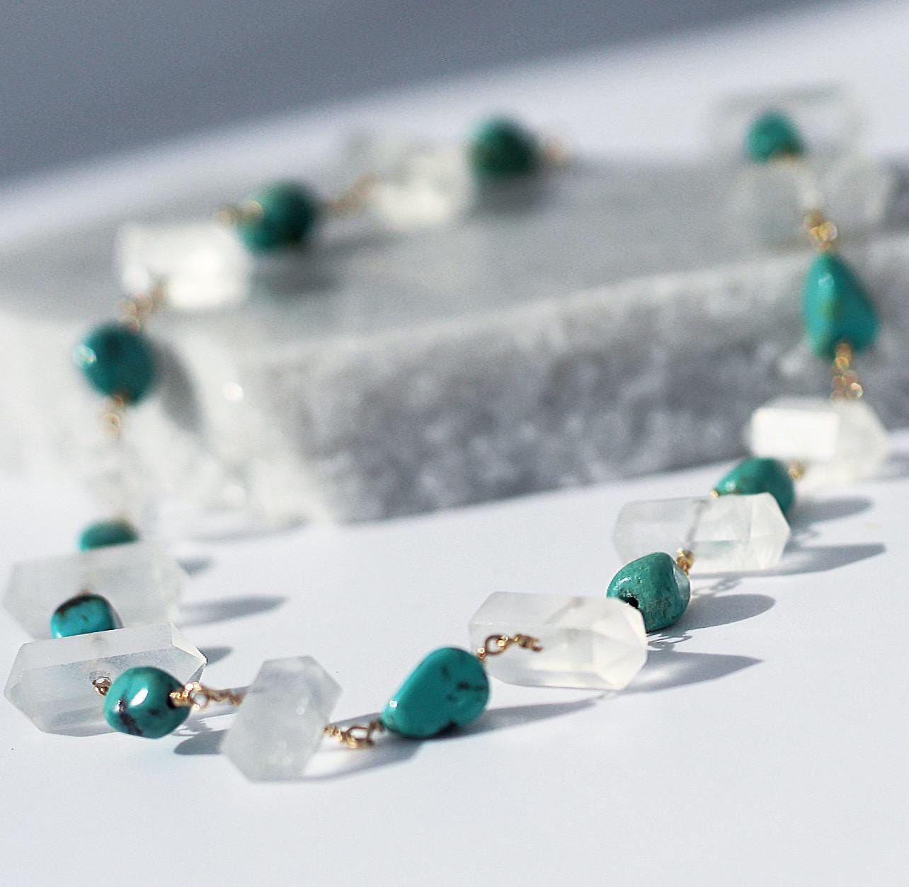 Raw Turquoise and Crystal Quartz Choker Necklace, Turquoise Boho Choker, Crystal Boho Choker Necklace, Arizona Turquoise Necklace