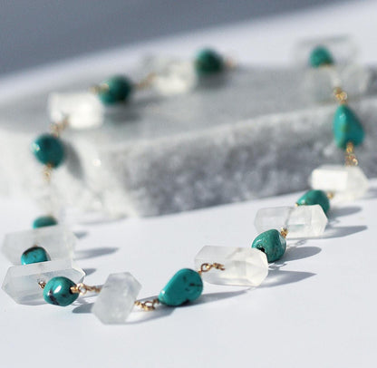 Raw Turquoise and Crystal Quartz Choker Necklace, Turquoise Boho Choker, Crystal Boho Choker Necklace, Arizona Turquoise Necklace