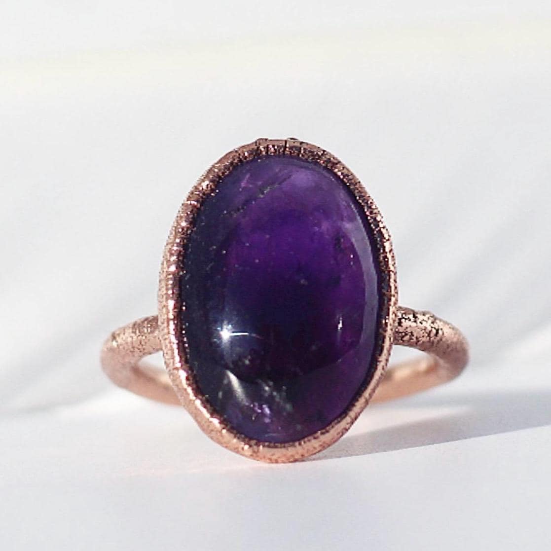 Amethyst Oval Ring, Natural Genuine Amethyst Ring, Big Purple Stone Ring, Amethyst Ring Organic Setting, Real Amethyst Copper Ring