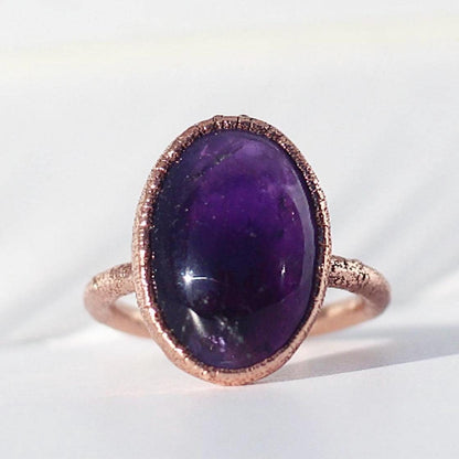 Amethyst Oval Ring, Natural Genuine Amethyst Ring, Big Purple Stone Ring, Amethyst Ring Organic Setting, Real Amethyst Copper Ring