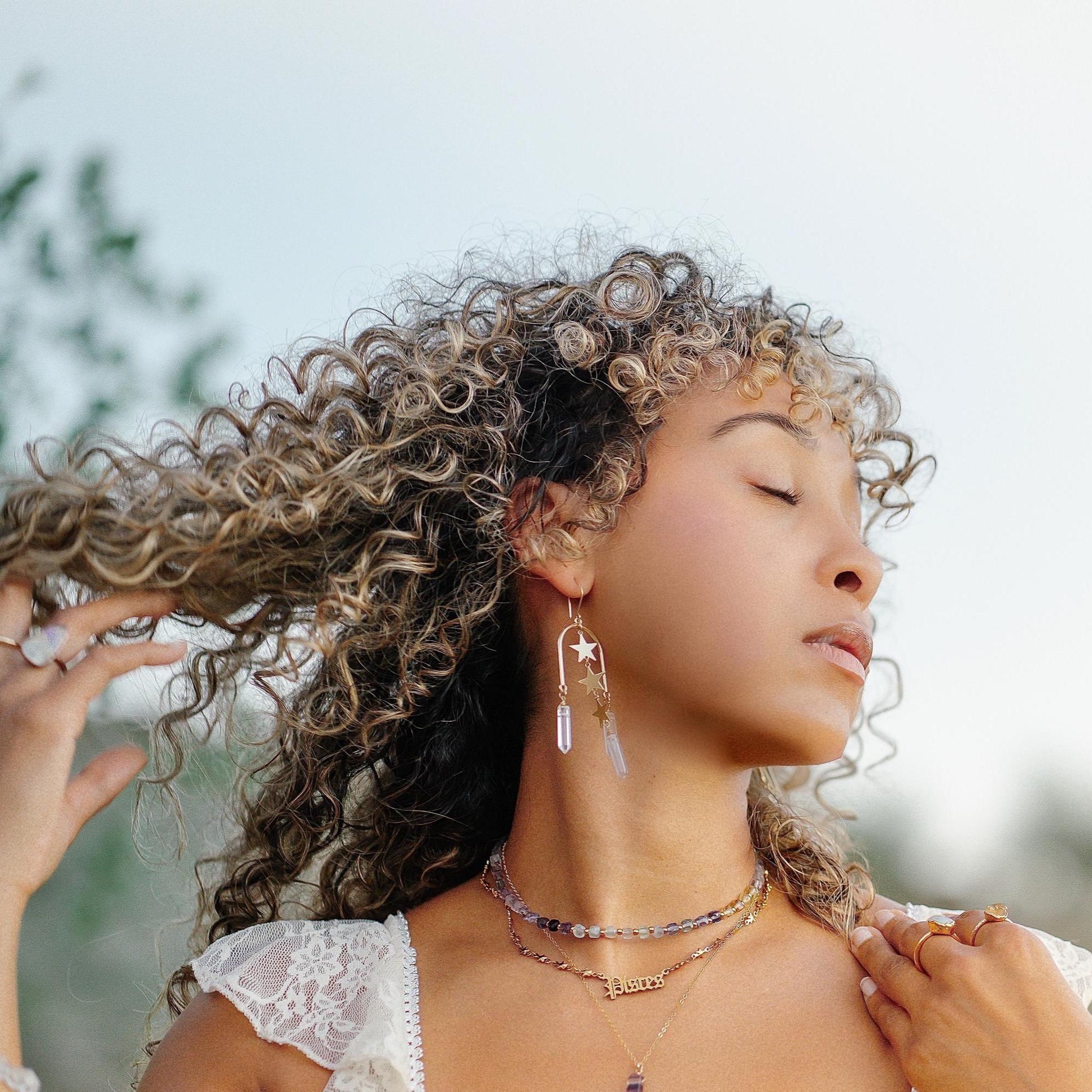 Statement Arch Shaped Earrings with Dangling Stars & Crystal Points | 14k Gold Filled or Sterling Silver Skin Safe Ear Wires