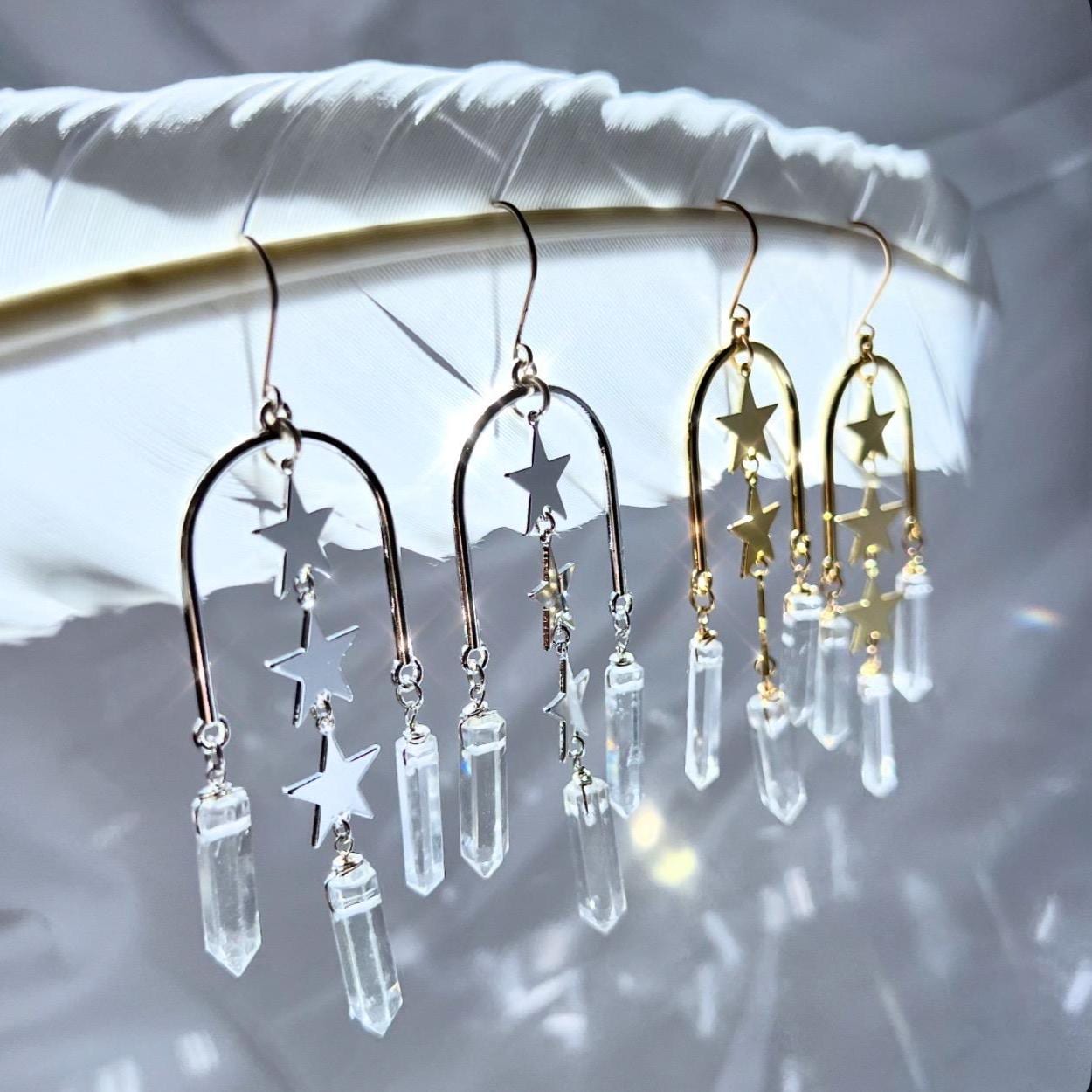 Statement Arch Shaped Earrings with Dangling Stars & Crystal Points | 14k Gold Filled or Sterling Silver Skin Safe Ear Wires